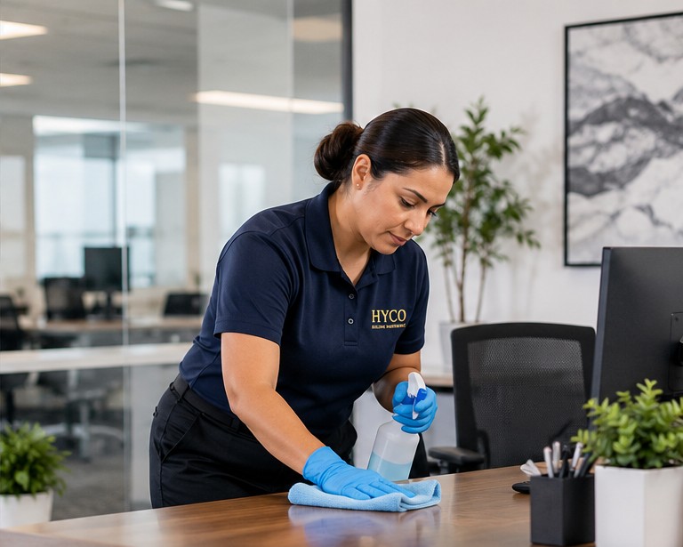 Illustrative office cleaning professional sanitizing a desk in a Houston office